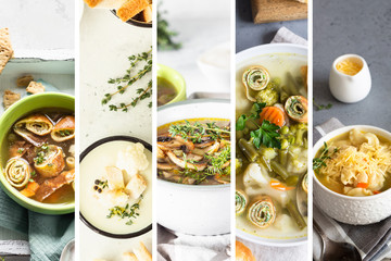 Collection of vegetarian soups including cauliflower cream soup, egg pancake soup, traditional...