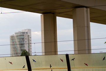 
RAILWAY AND TRAFFIC BRIDGE IN PRAGUE IN CZECH REPUBLIC. architecture of bridges and tracks for trains and public transport