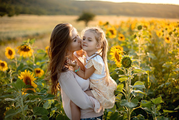 Beautiful mother and daughter walk and hug in a sunflower field in summer