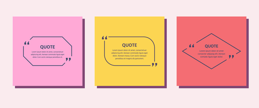 Quote frame box. Vector. Quotations text template. Info comments and messages in textboxes. Set citation with black border. Colorful illustration. Modern design. Simple concept