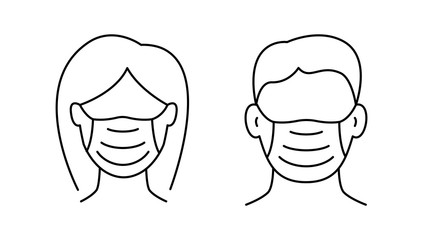 Woman and man avatar in protective masks. Coronavirus precaution tip. Editable stroke