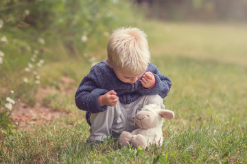 Little boy is talking with plush sheep, boy with plush toy on green grass