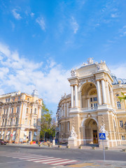 Fototapeta premium Odessa, Ukraine - April, 30, 2020. Beautiful national opera and ballet thaetre. Odessa National Academic Opera and Ballet Theatre on the empty streets during COVID-19 lockdown.