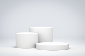 White room with blank product shelf standing backdrop. Empty podium or pedestal display with cylinder stand concept. 3D illustration.