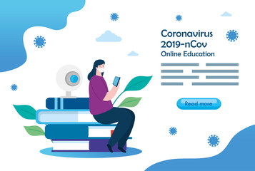 woman studying online sitting in pile books vector illustration design