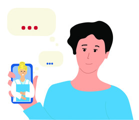 Call to doctor on mobile phone. Online medicine consultation. Young men patient smile to professional doctor's woman answers. Keep calm and relax. Self-care health life hand drawn illustration.