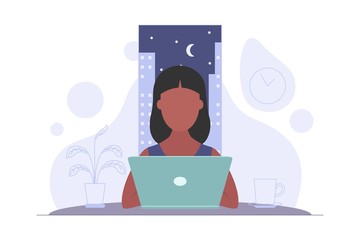 Freelancer working at night at home. Woman has too much work. Freelance, student or remote worker concept. Flat style vector illustration isolated on white background.