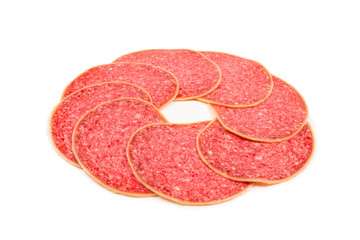 Salami slices isolated on white background.