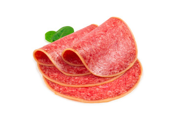 Salami slices isolated on white background.
