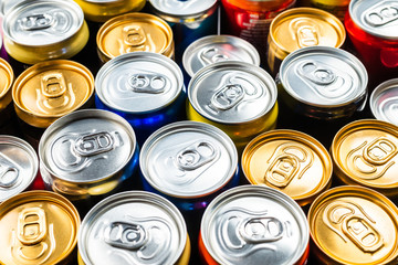 Group of aluminium cans, cold drink. Top view.