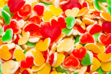 Juicy colorful jelly sweets. Gummy candies. Hearts.