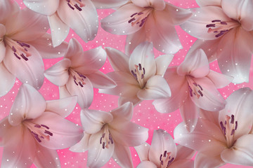 Obraz na płótnie Canvas Purple lilies on a delicate lace white background 