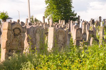 The Old Jewish cemetery at colorful sunset sky, Chernivtsi Ukraine.