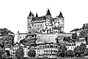 Graphical medieval castle of Saumur, Loire Valley, France (Chateau Saumur) on white background, Indre et Loire, Loire Valley, France.  Pencil drawing style.