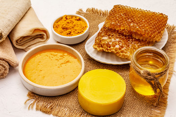 Spa concept. Self care with honey and turmeric. Natural organic cosmetics, homemade product, alternative lifestyle