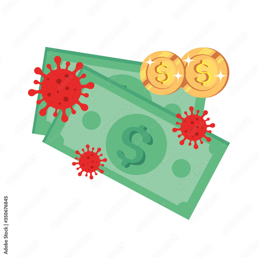 Poster bills cash and coins with particles covid 19 isolated icon vector illustration design