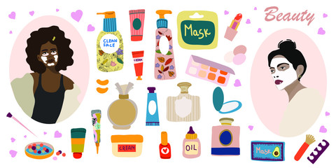 Young ladies and various cosmetics items. Body and face care. Beauty routine.  Hand drawn vector set. Cartoon style and flat design. All elements are isolated