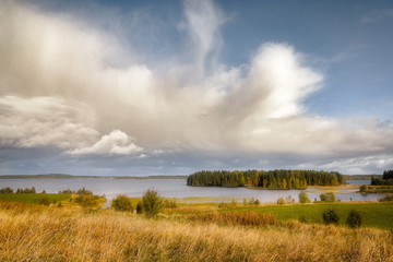 The beginning of autumn in Karelia on the shore of Lake Onega near the village of Tolvuya