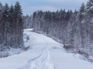 Winter road in the Karelian forest