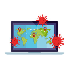 laptop and world map with particles covid 19 vector illustration design