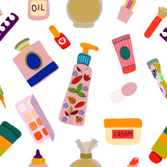 Seamless patterns and hand drawn texture. Body and face care. Beauty routine. Various cosmetics. Cartoon style and flat design. Transparent background
