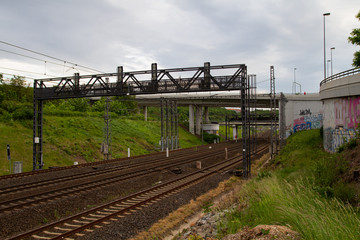Fototapeta na wymiar train tracks in the city of Prague in the Czech Republic in spring 2020