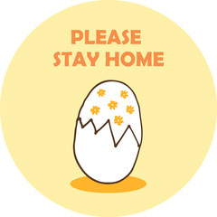 Cartoon egg in self-quarantine, hand drawn vector illustration isolated on yellow circle background with text Please stay home