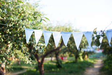 Flags birthday decorations hanging on tree branch in garden. Colorful bunting flags hanging in...