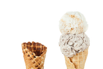 Cornets served with a scoop of ice cream; photo on white background.