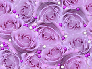Seamless pattern with purple roses with beads.