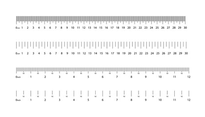 Ruler scales. Centimeter, millimeter, inch of measure. Geometric accuracy in metrics, gradation, distance. 30 cm, 12 inches in tape. Instrument for rule in graphic, math with realistic size. Vector.
