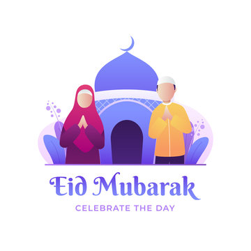 Eid mubarak greeting card with couple muslim characters and mosque as background vector illustration for celebrating Eid al fitr, Selamat hari raya Idul Fitri is another language of happy eid mubarak 