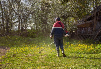 young man mows grass with a trimmer