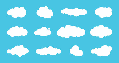 White cloud set on blue sky background flat vetor illustration. Cartoon white cloudy icon set isolated on blue background. Simple abstract tag space concept. Cute and fun paper clouds SET3