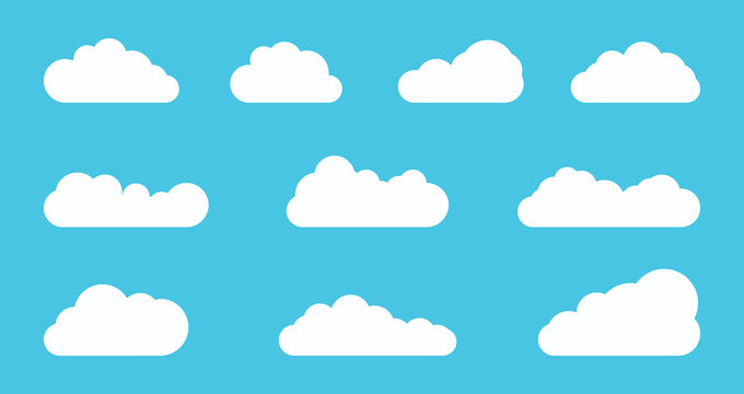 White cloud set on blue sky background flat vetor illustration. Cartoon white cloudy icon set isolated on blue background. Simple abstract tag space concept. Cute and fun paper clouds SET2