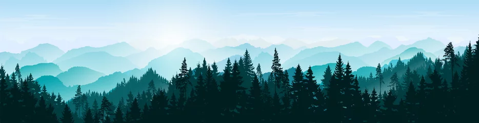 Schilderijen op glas Berglandschap. Bergen en naaldbos. Toerisme en reizen. Natuurlijke spandoek. Achtergrond met bomen. Vector silhouet © alena.art.design