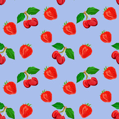 gouache seamless pattern with fruits and berries cherry and strawberry on a blue background, vegetarian pattern for diet, healthy eating. Use as restaurant menu, packaging, product design,textile.