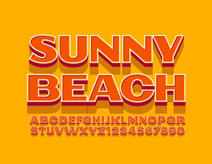 Vector bright emblem Sunny Beach with 3D Orange Font. Retro style Alphabet Letters and Numbers