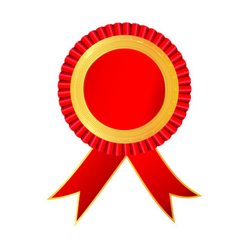 Award rosette gold and red color with ribbon. Symbol of winner celebration, best champion achievement. Blank rosette element. Stock vector illustration on white isolated background.