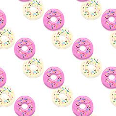 Vector seamless pattern illustration of donuts pink and light glaze on a white