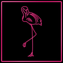 Glowing pink flamingo bird neon sign on black background