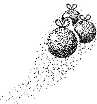 Three Christmas balls formed by a magical trail of flying points