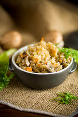 vegetarian cooked rice with mushrooms in a ceramic bowl