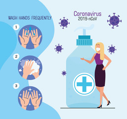 woman using face mask with antibacterial bottle and particles 2019 ncov vector illustration design