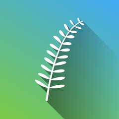 Olive twig sign. White Icon with gray dropped limitless shadow on green to blue background. Illustration.