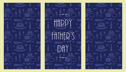 happy fathers day card on a blue background with a print of a mustache glasses and a hat