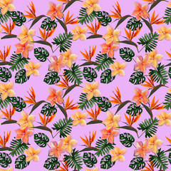 Seamless tropical pattern with plumeria and strelitzia with leaves on pink background. Seamless pattern with colorful leaves of colocasia, filodendron, monstera. Exotic wallpaper. Hawaiian style. © Olena