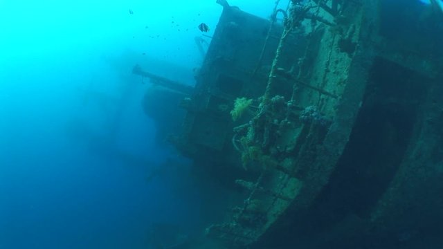 wreck dive underwater fish around ship wreck ocean scenery metal on seabed