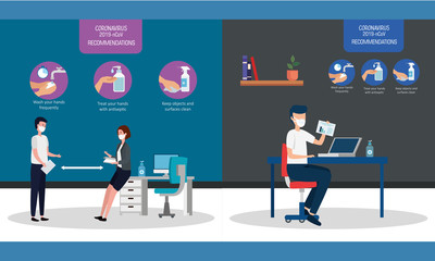 set banners of recommendations of 2019 ncov at office vector illustration design