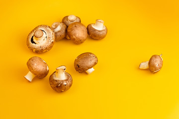 Mushrooms, fresh brown champignons scattered on a yellow background. Raw food ingredient